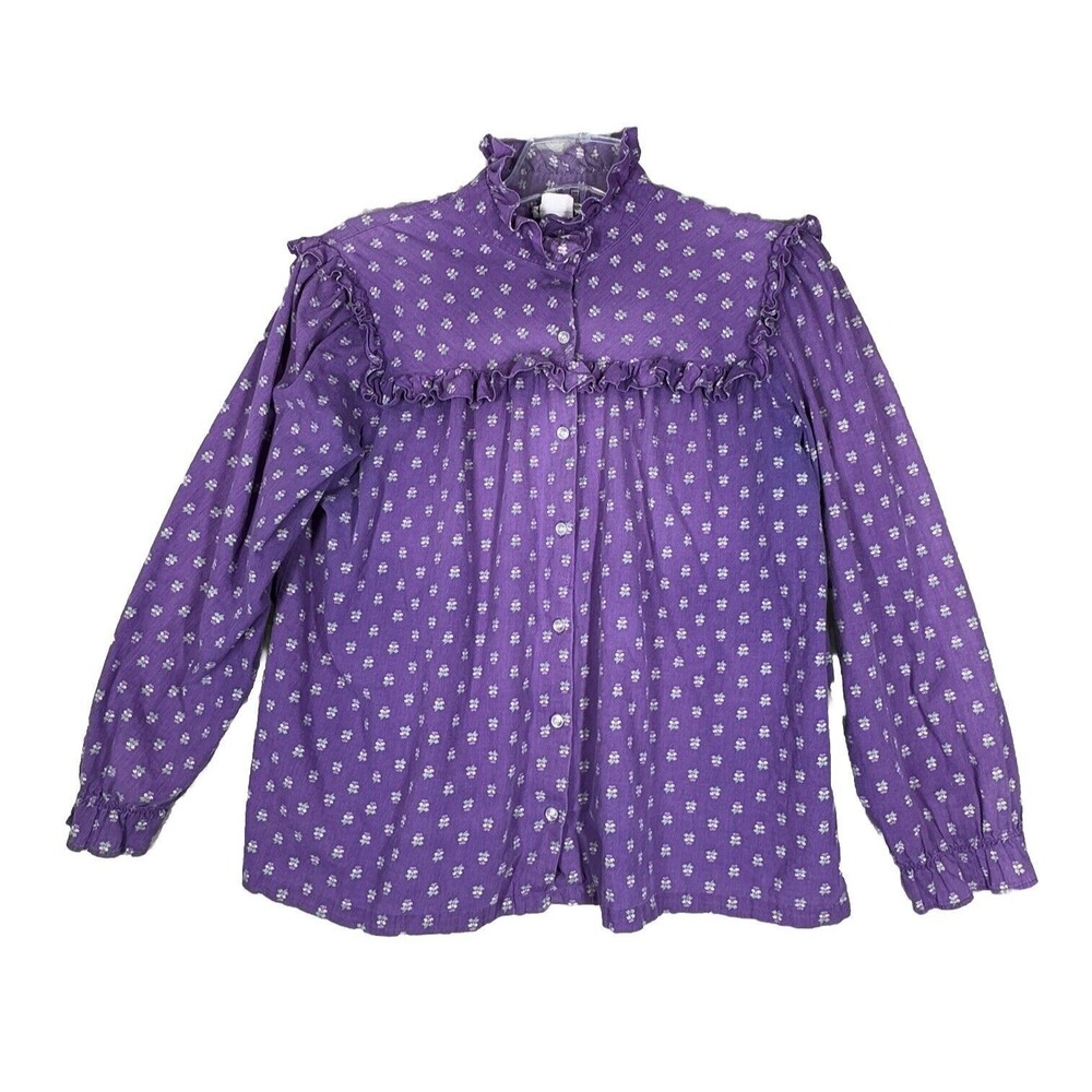 Lucky Me Shirt Womens Large Purple White Floral Bohemian Peasant Prairie Vintage